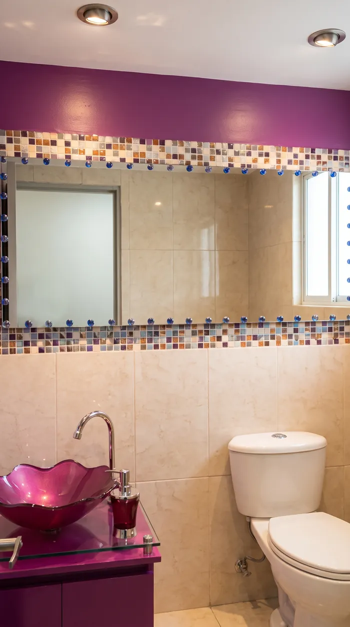 Baño privado con muro ciruela y lavamanos de vidrio