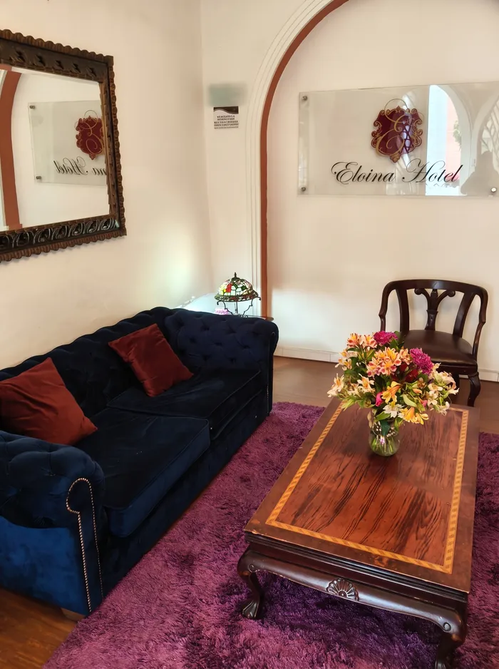 Sala de recibo con sofá de terciopelo azul y tapete ciruela